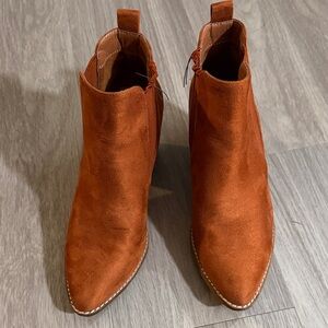 BEAST FASHION Suede Pointed Ankle Booties in Rust Orange